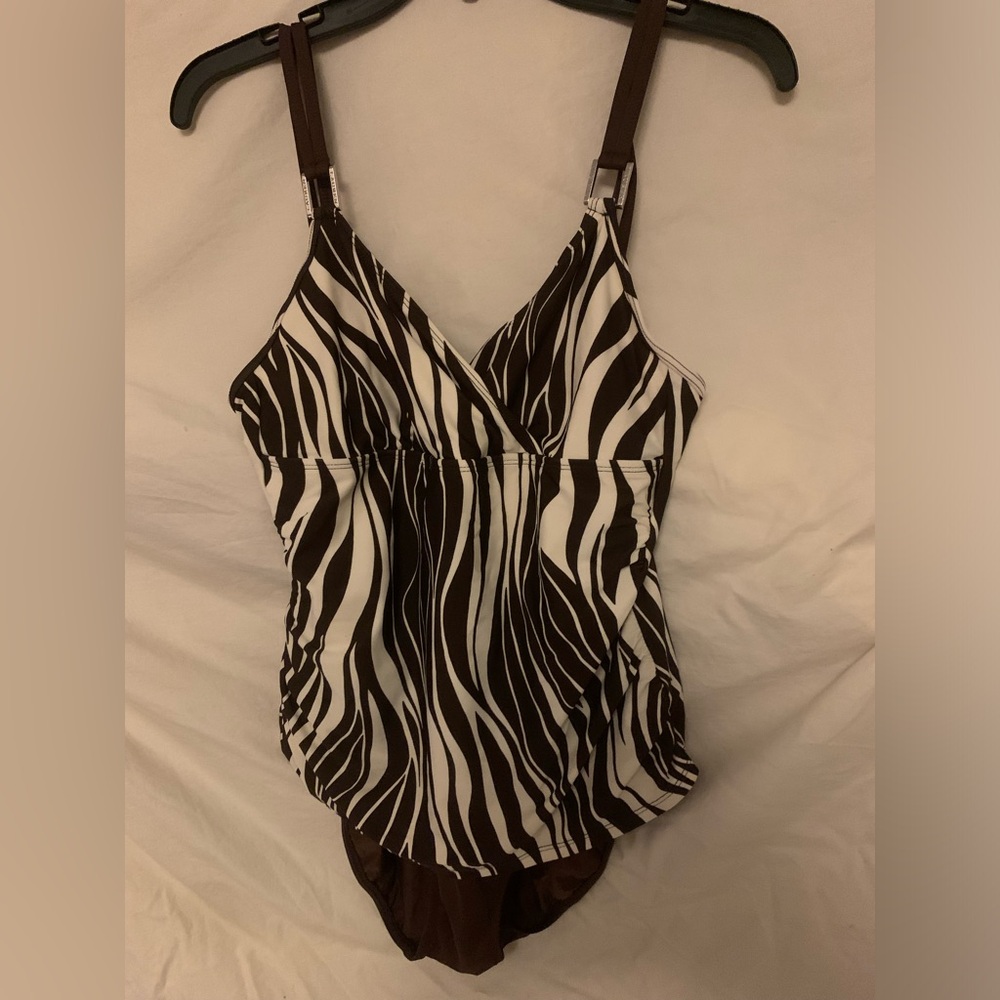 Brown and White One Piece Swimwear with Plunging V-Neckline